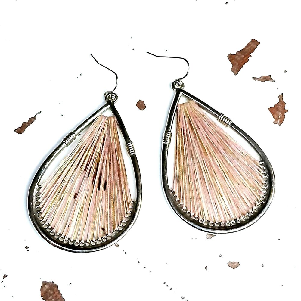 Teardrop Thread Weaved Dangle Earrings, Silver Pink Gold